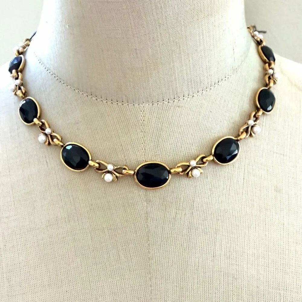 Napier Vintage Gold Tone Black Glass & Faux Pearl Necklace